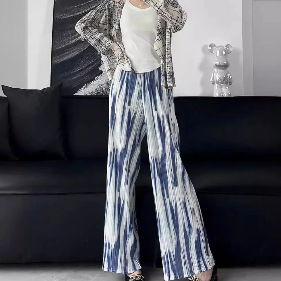 

Pleats Pleated Collision Gradient Print Pleated Straight Casual Pants Commuter Women's Thin Plus Size Casual Nine Pants