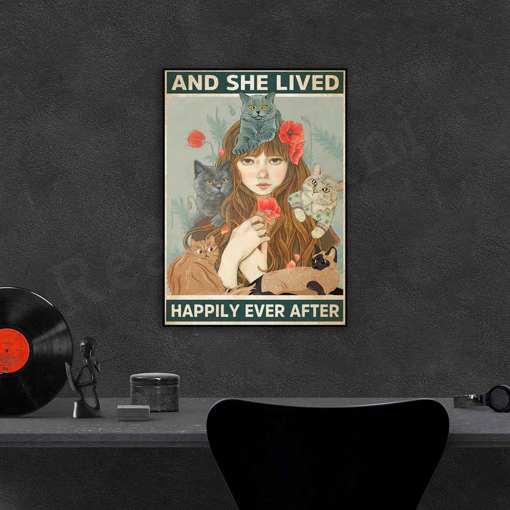 Cat and her live happily in retro poster, love cats retro poster, cat mom retro poster, cat girl gift