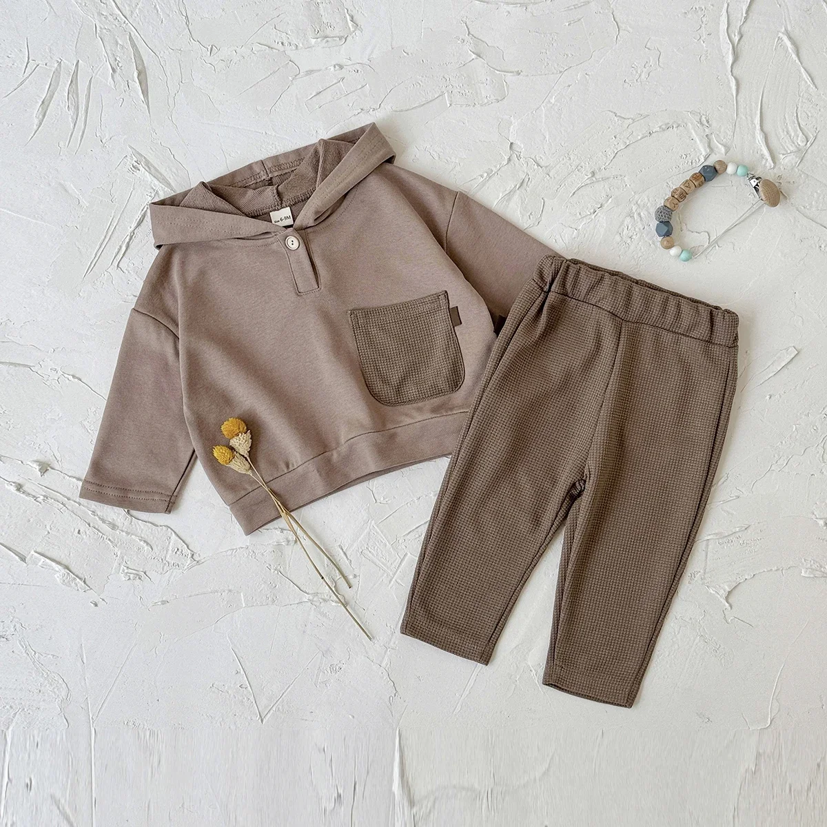 Baby Boys Girls Solid Hooded Sweatshirt Set Toddler Spring Autumn Long Sleeve Pocket Hoodie And Waffle Pants 2Pcs Casual Outfit