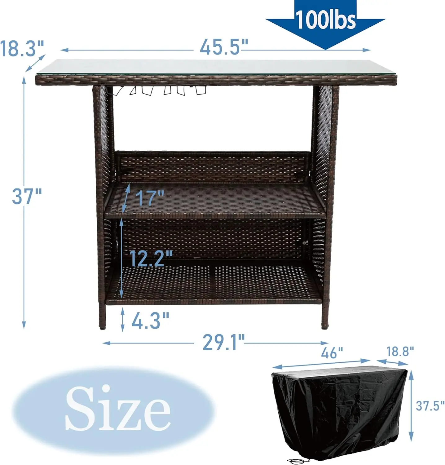 Tavolo da Bar per Patio esterno, tavolo da bancone da Bar in vimini PE con 3 Set di binari, Desktop in vetro temperato, copertura impermeabile, per esterno