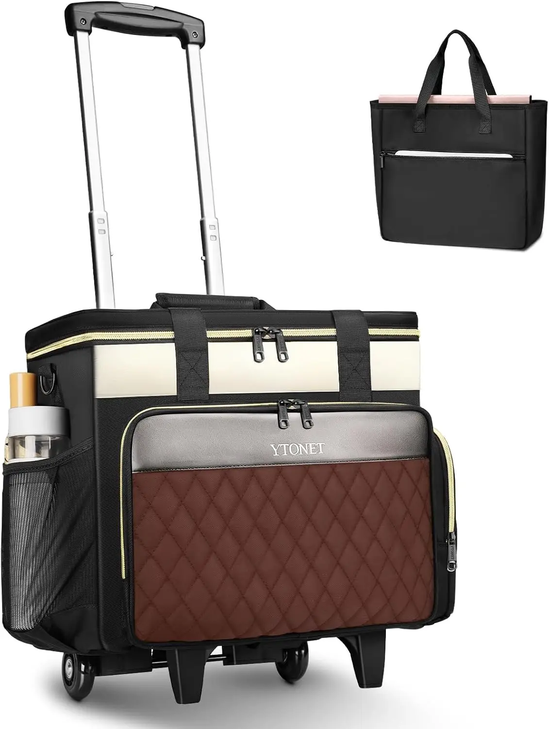 15.6 Inch Rolling Laptop Bag with Detachable Trolley, Multi-Pocket Teacher Tote for Women Office Work Nurse in Black Beige Brown