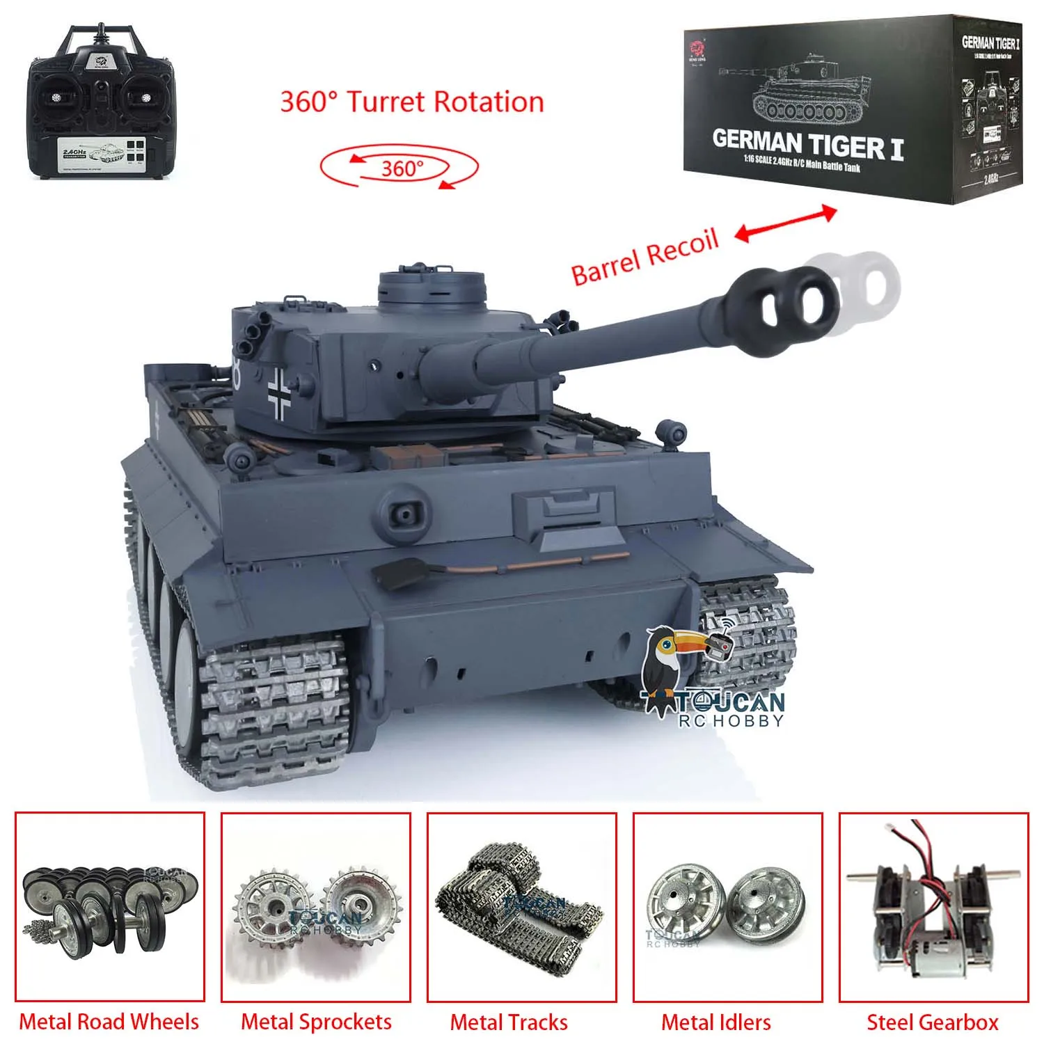 Brinquedos Heng Long 1/16 7.0 Tiger I RTR RC Tank 3818 com recuo de barril 360 ° Rodas de trilhos de metal da torre BBs Toucan Cars Panzer Modelo