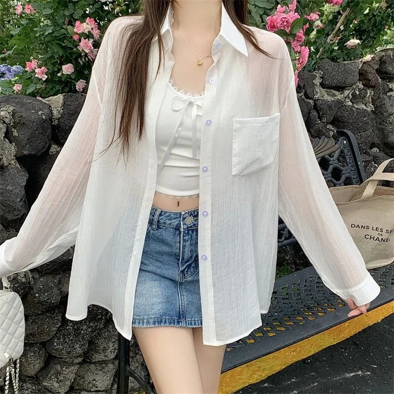 

Thin Long Sleeve Sunscreen Shirt Woman Korean Fashion Long Sleeve Solid Color Shirts Women Casual Loose Holiday Beach Blouse