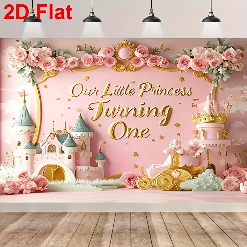 1 Stück 2D-Flachbanner – Rosa Polyester-Hintergrundstoff für Prinzessinnen-Geburtstagsfeiern, Schloss- und Blumendesign, perfekte Partydekoration