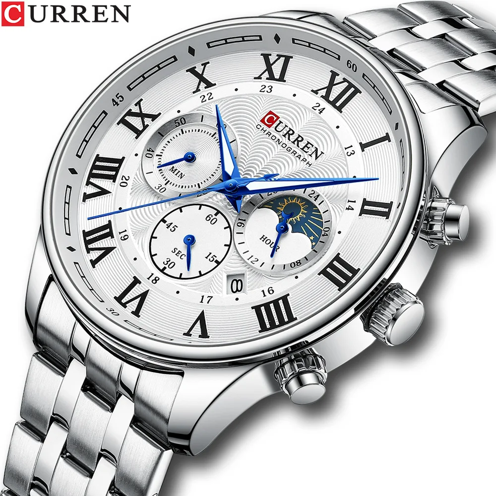 CURREN 8427 Men's Quartz Watch Fashion Business Calendar Stainless Steel Strap Silver Gold Wristwatch for Male