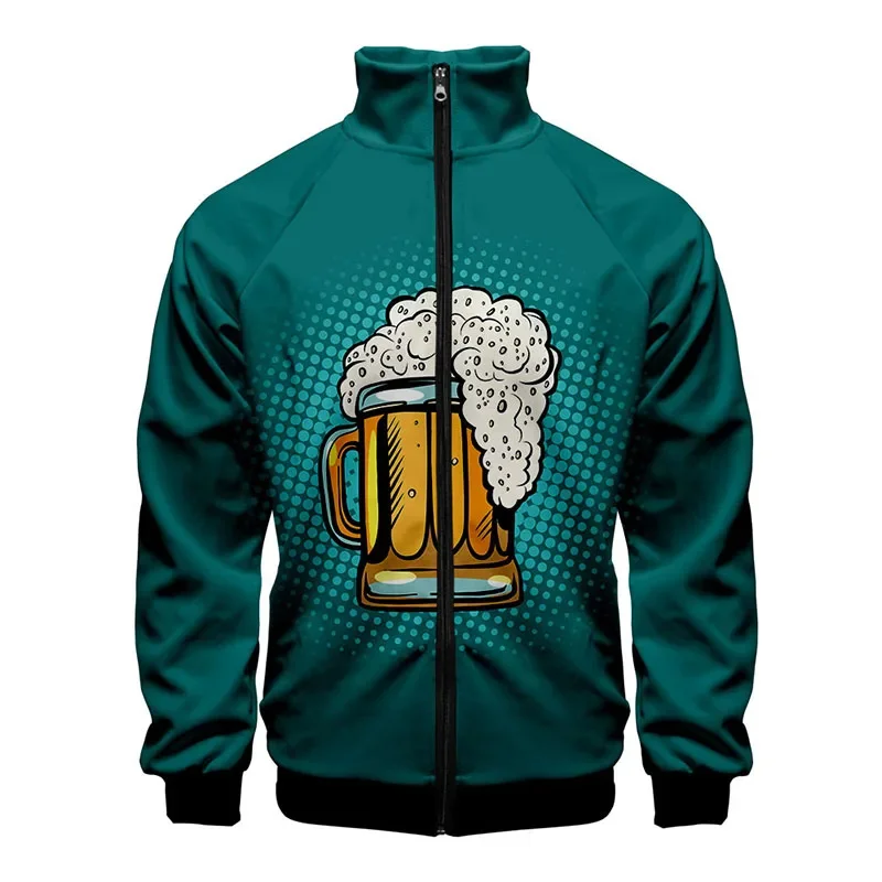 

2024 Coats Stand Collar Hoodie Funny Beer Print Fashion Men Women Zipper Hoodies Jackets Long Sleeve Harajuku 3D Sweatshirts