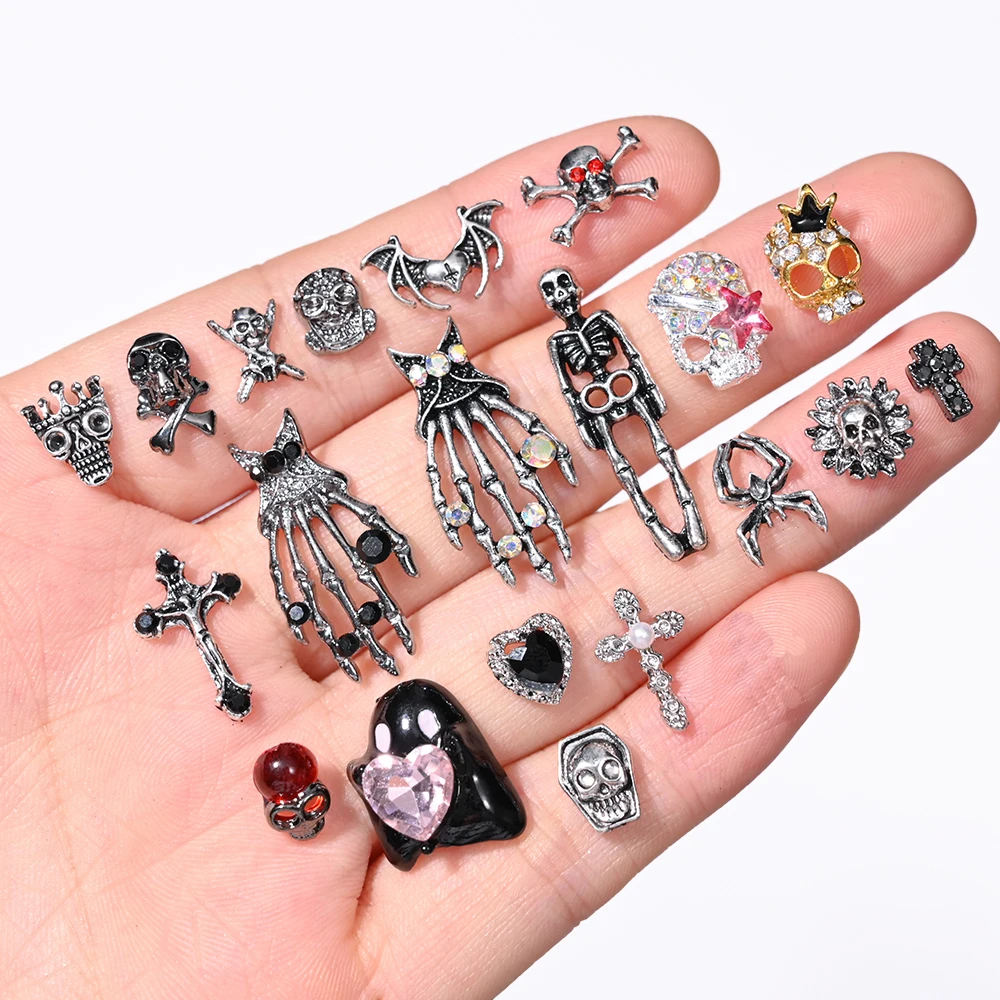 10pcs Halloween Gothic Punk Alloy 3D Nail Art Charms Skull Heart Skeleton Cross Spider Design DIY Jewelry For Nails Decoration