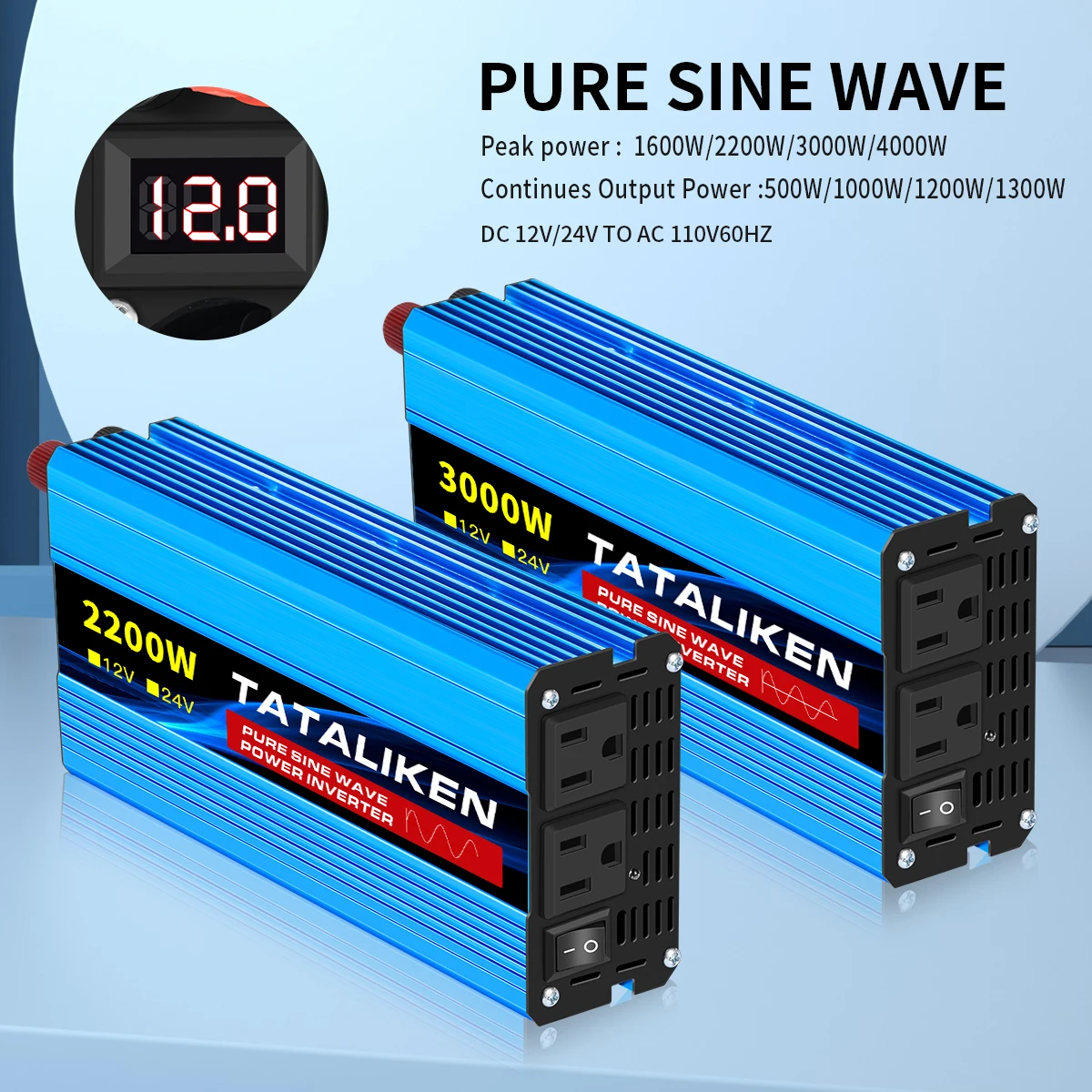 Inverter di potenza a onda sinusoidale pura da 2200 Watt, convertitore da 12V a 110V/120V con Display LCD per la casa