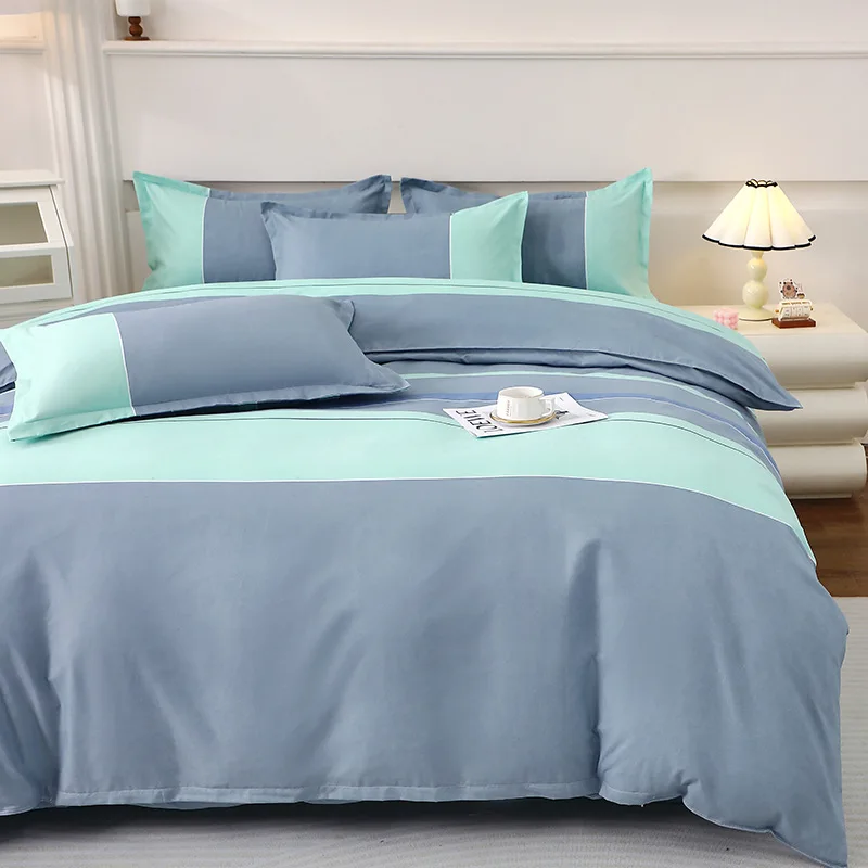 Blue Mint Green Striped Bedding Set Soft Breathable Microfiber Bed Sheet Set with Pillowcases Queen King Size for Bedroom Guest