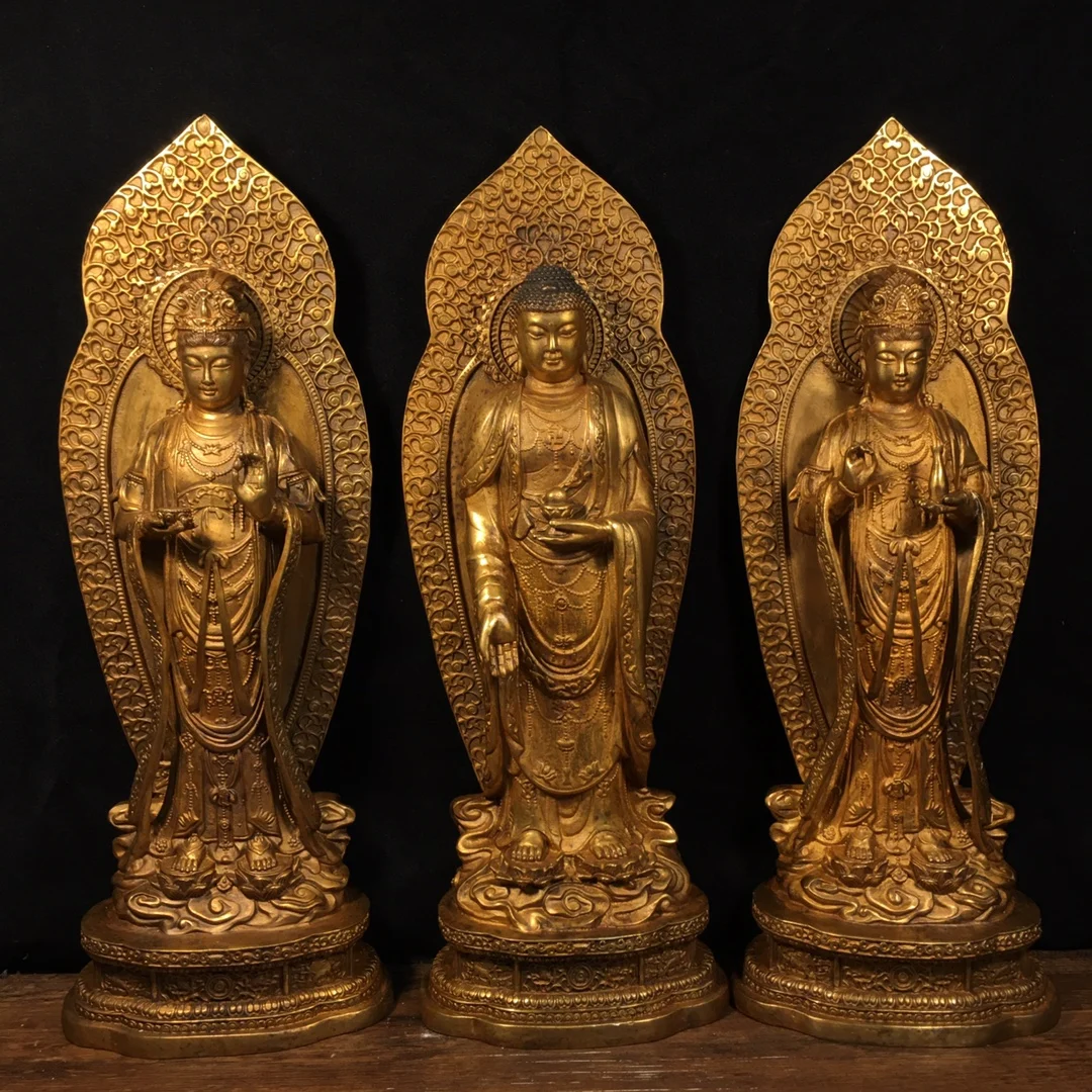 

15"Tibetan Temple Collectio Old Bronze Western Trinity Buddha Statue Amitabha Buddha Avalokitesvara Bodhisattva worship hall