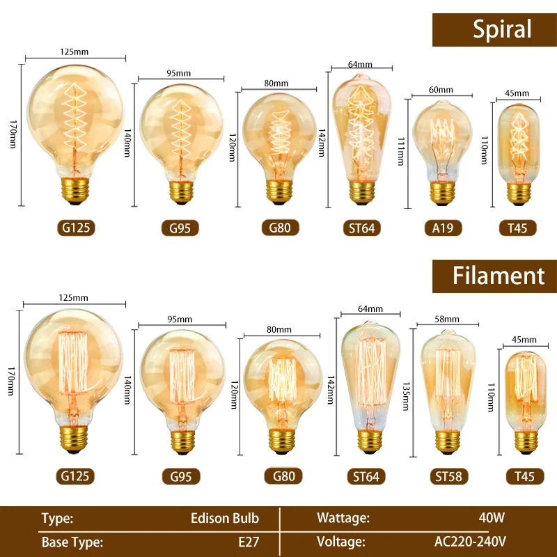 Imagem -02 - Lâmpada Retro do Filamento de Edison Lâmpada Incandescente Lâmpada do Vintage 220v 40w A19 A60 T10 T45 T185 St64 G80 G95