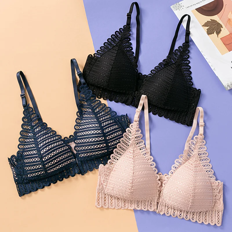 Sexy Lace Wireless Women Bra Backless Brassiere Front Closure Bralette Lingerie Adjusted Push Up Triangle Cup Underwear