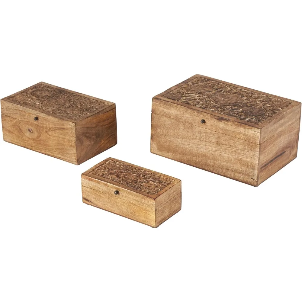 

Handmade Mango Wood Decorative Box Set with Hinged Lid, 3 Sizes Brown Storage Keepsake