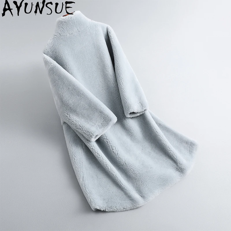 AYUNSUE Natural Wool Coats for Woman Stand Collar Mid Length Jacket Winter Lamb Fur Coat Woman Clothes 2025 New Ropa Para Mujer