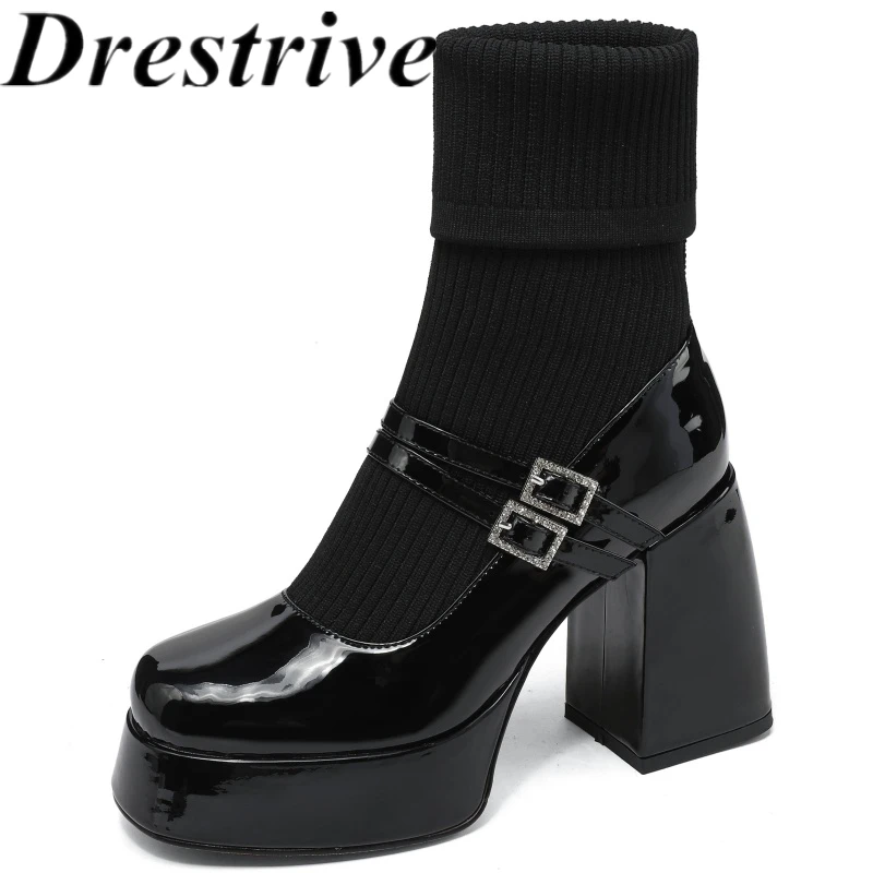 

Drestrive, новинка 2025, женские ботильоны из эластичной ткани, лакированная кожа, весенняя обувь на толстом высоком каблуке и платформе с пряжкой, высочайшее качество