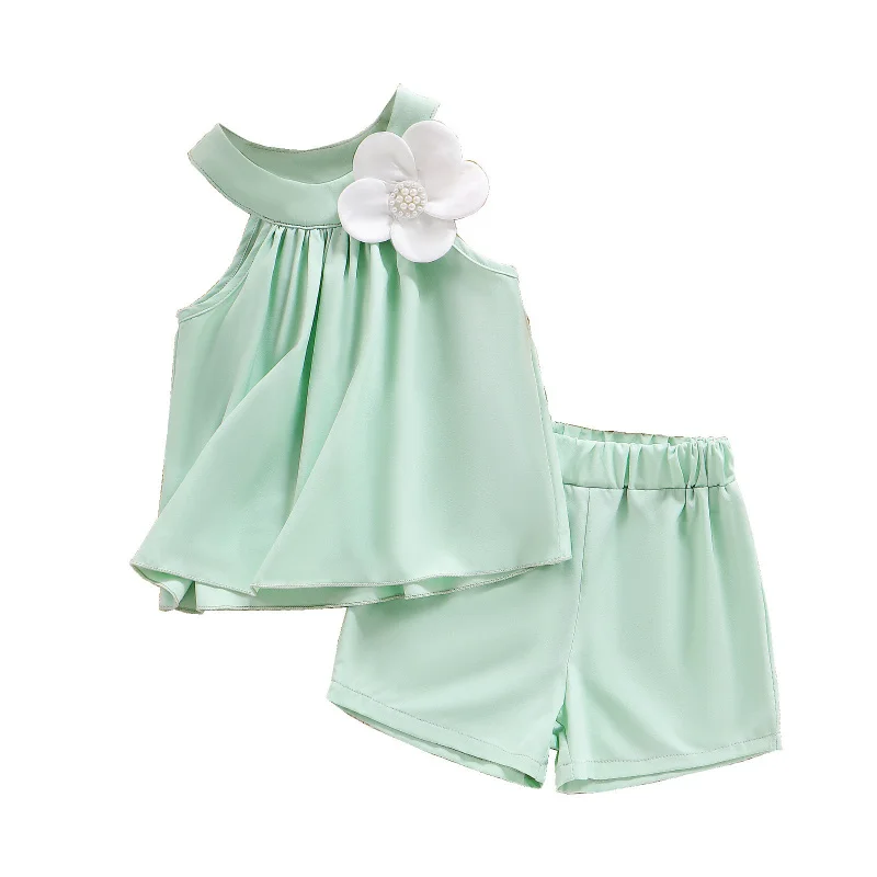 Neues Sommermode-Set für Mädchen, Neckholder, 3D-Blumenoberteil, einfarbige Shorts