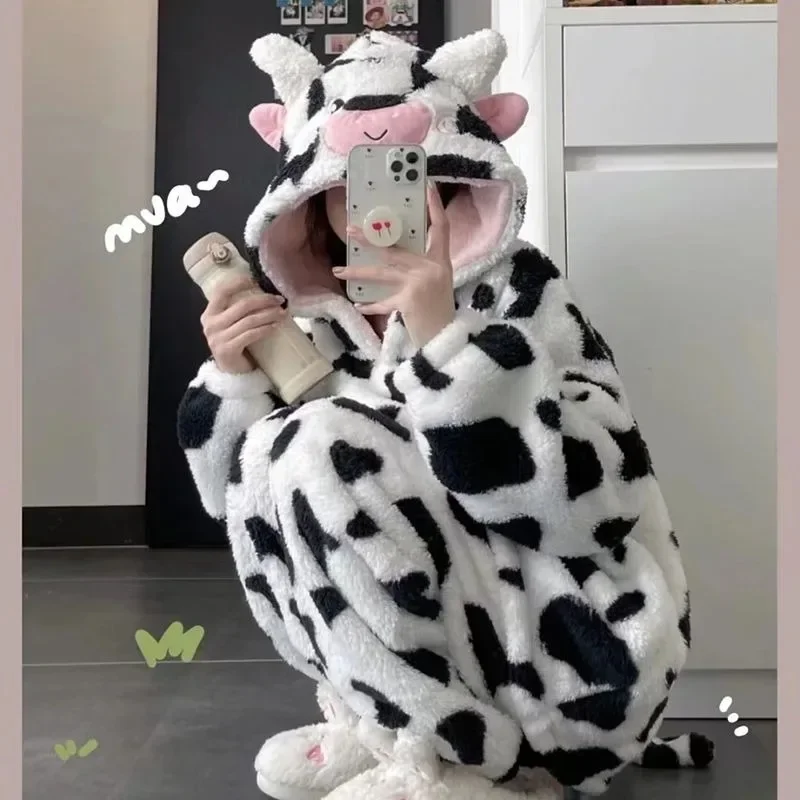 Cow Coral Fleece Pajama Women Nightgown Autumn Winter Sleepwear Fleece Thick Cute Flannel Loungewear Suit Round Collar Homewear