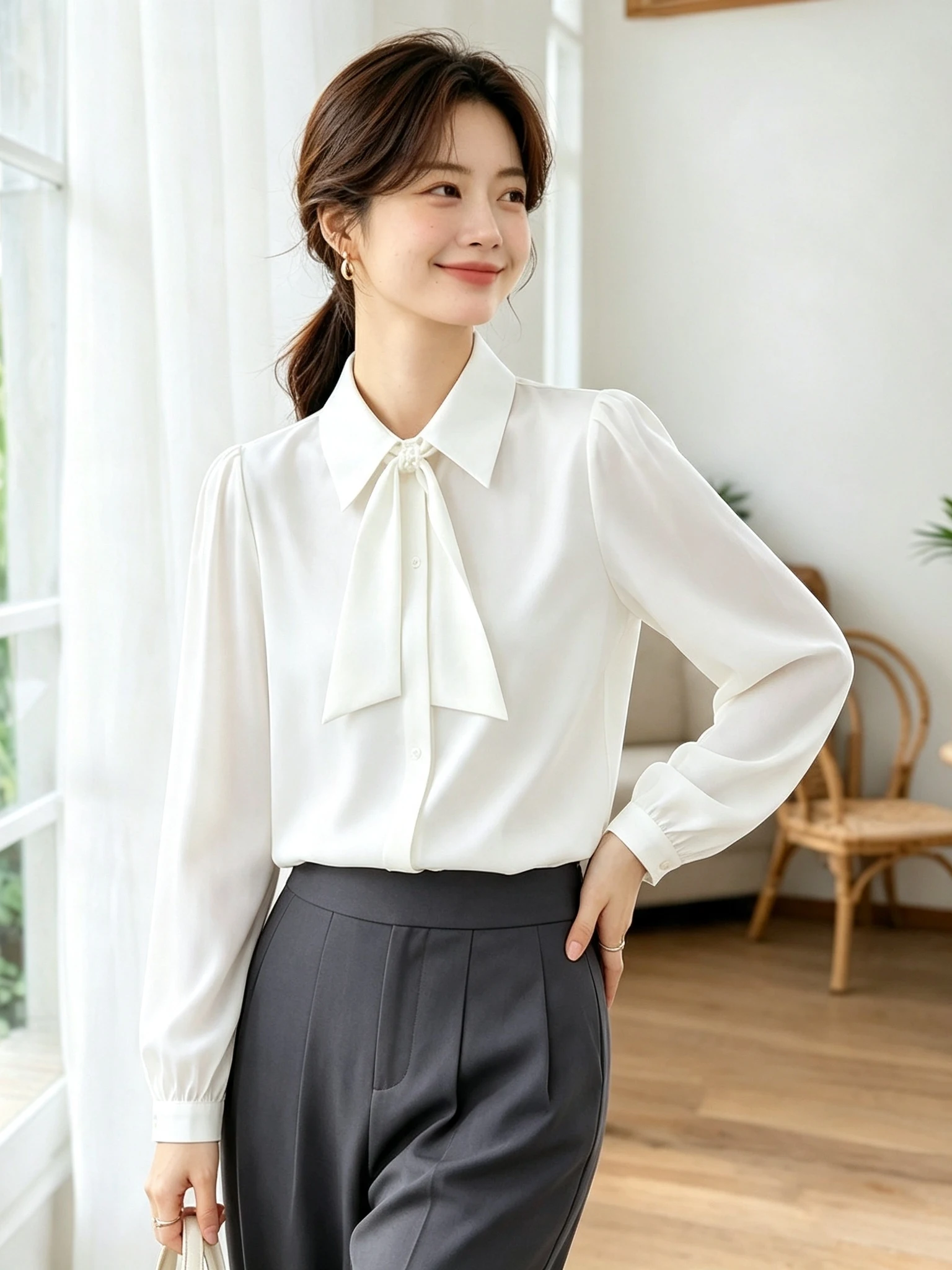 Korean Style Commuter Professional Chiffon Shirt Women's Spring Autumn 2026 New White Sash Single Button Versatile Top