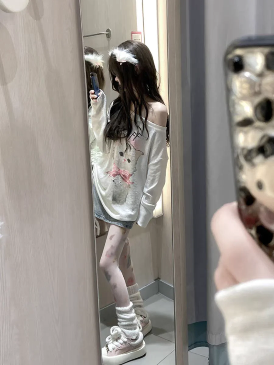 

Oil Painting Loose Design Long Sleeve T-Shirt Women's Drawstring Shoulder Baring Sun Protection Top Korean Style Casual Wear