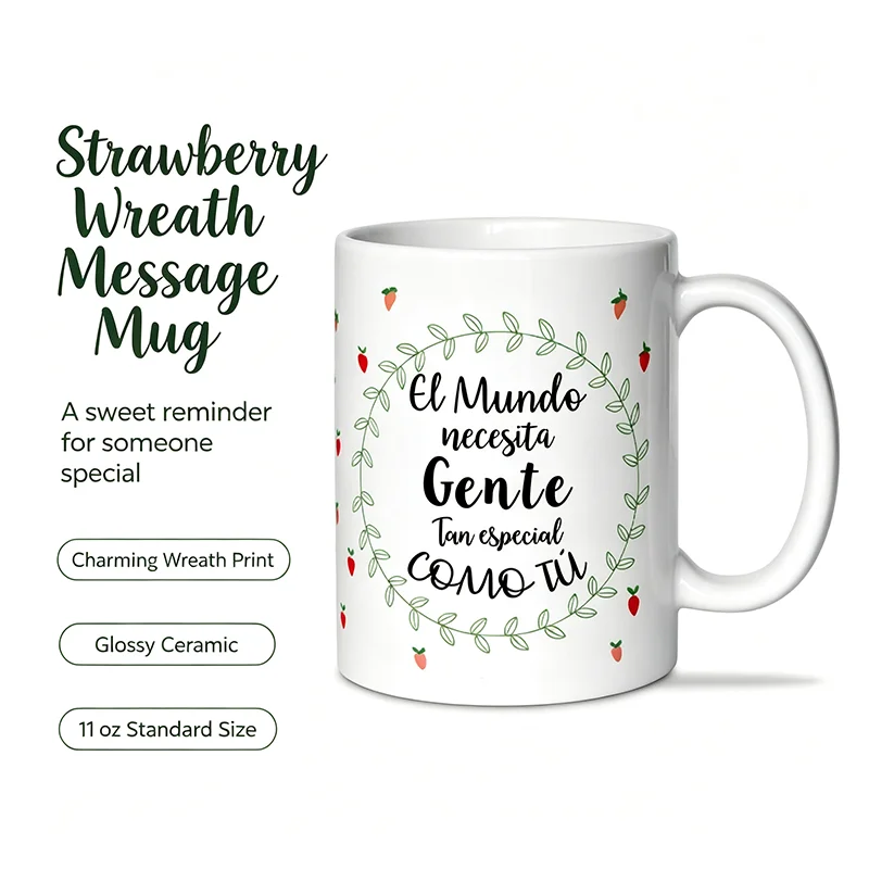 Spanish Inspirational Quote Ceramic Coffee Mug Green Leaf Wreath Strawberry Print White Porcelain Tea Cup Warm Encouraging Gift