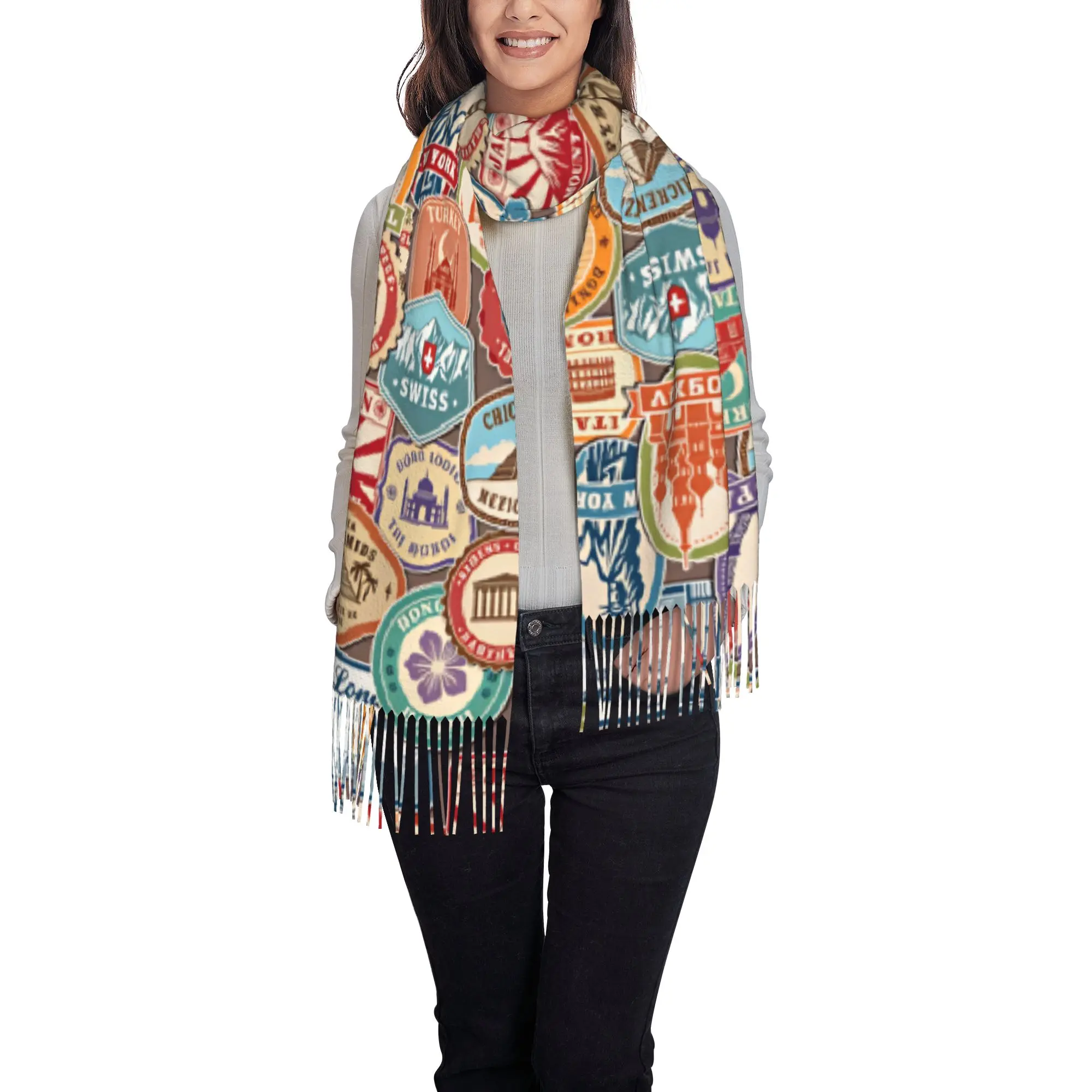 Custom Vintage World Landmark Travel Collage Print Tassel Scarf Women Winter Warm Shawl Wrap Ladies  Scarves