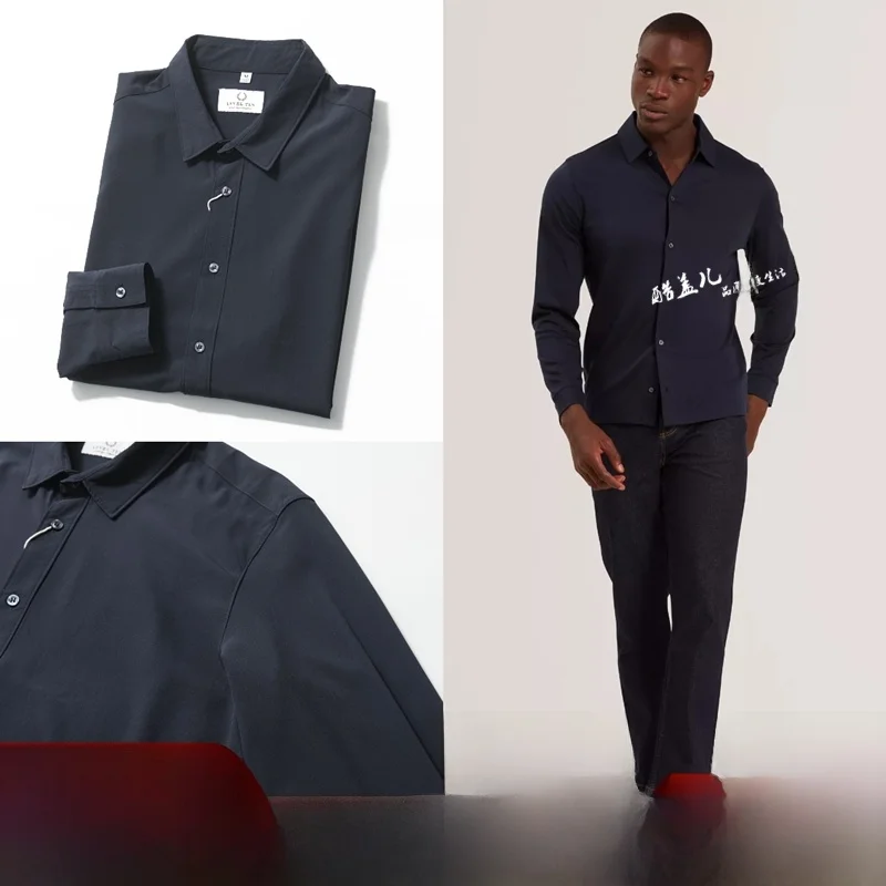 

High-End Lightweight Men's Long Sve Casual irt Spring Season Drapey Pure Color Busin Casual Stand Fit Polyester Blend