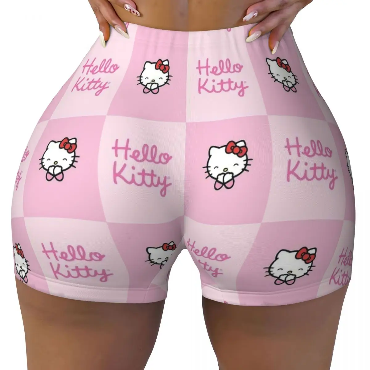 Women Workout Yoga Shorts Pink Hello Kitty Collage High Waist and Hip Shorts Cartoon Fitness Pants Tights