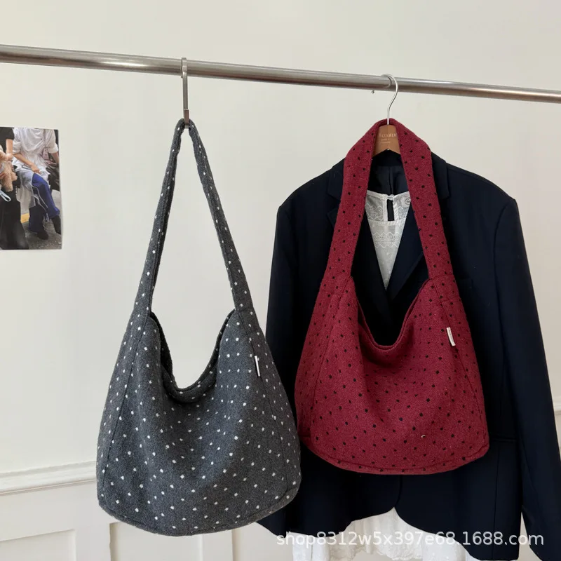 

Оптовая продажа, сумки с верхней ручкой в горошек, большая вместимость, универсальные тканевые сумки в корейском стиле, легкие твидовые сумки на плечо для женщин