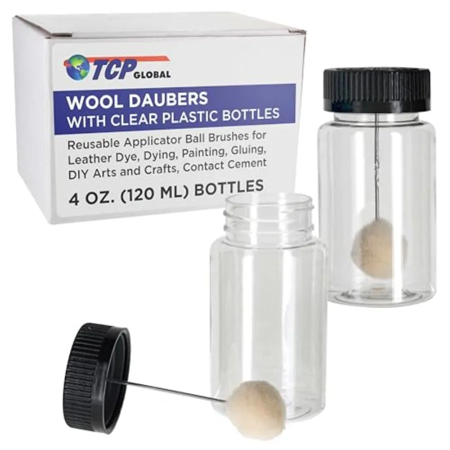 

TCP Global 6-Pack Wool Daubers with Clear Plastic Bottles 4 oz. 120 ml - Safety Lids Applicator Ball Brushes for Leather Dye Dy