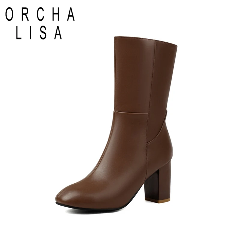 

ORCHALISA 2024 New Classic Midcalf Boots Round Toe 8CM Block Heels Zipper Faux Leather Plus Size 43 44 45 46 47 48 US17 Fashion