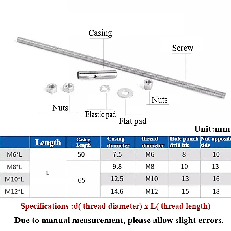 304 Stainless Steel M6 M8 M10 M12  Extended Expansion Screws Extra-Long Bolts for Ceiling Mounts Clothes Racks L:50~500mm