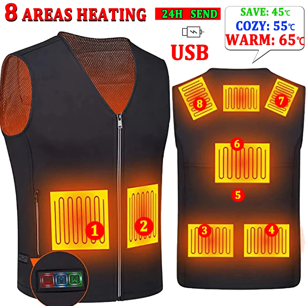 8 Area Heating Vest Men/Women Casual V-neck USB Heated Vest Smart Control Temperature Heating Jacket Cotton Coat Winter Hunting