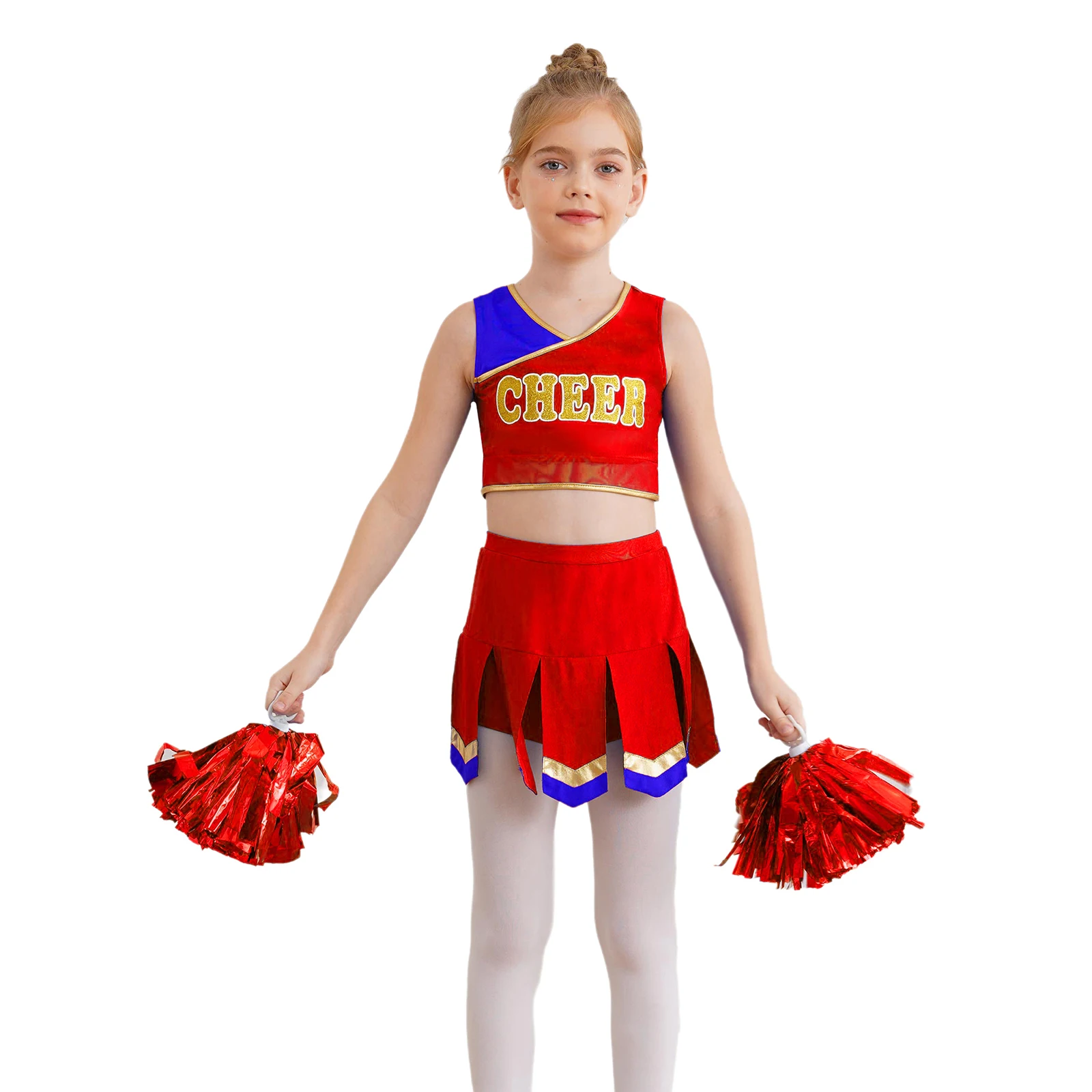 

3Pcs Kids Girls Cheer Leader Costumes V Neck Tank Top Dance Skirt Cheer Uniform Outfit And Cheerleading Tassel Hand Flowers Set