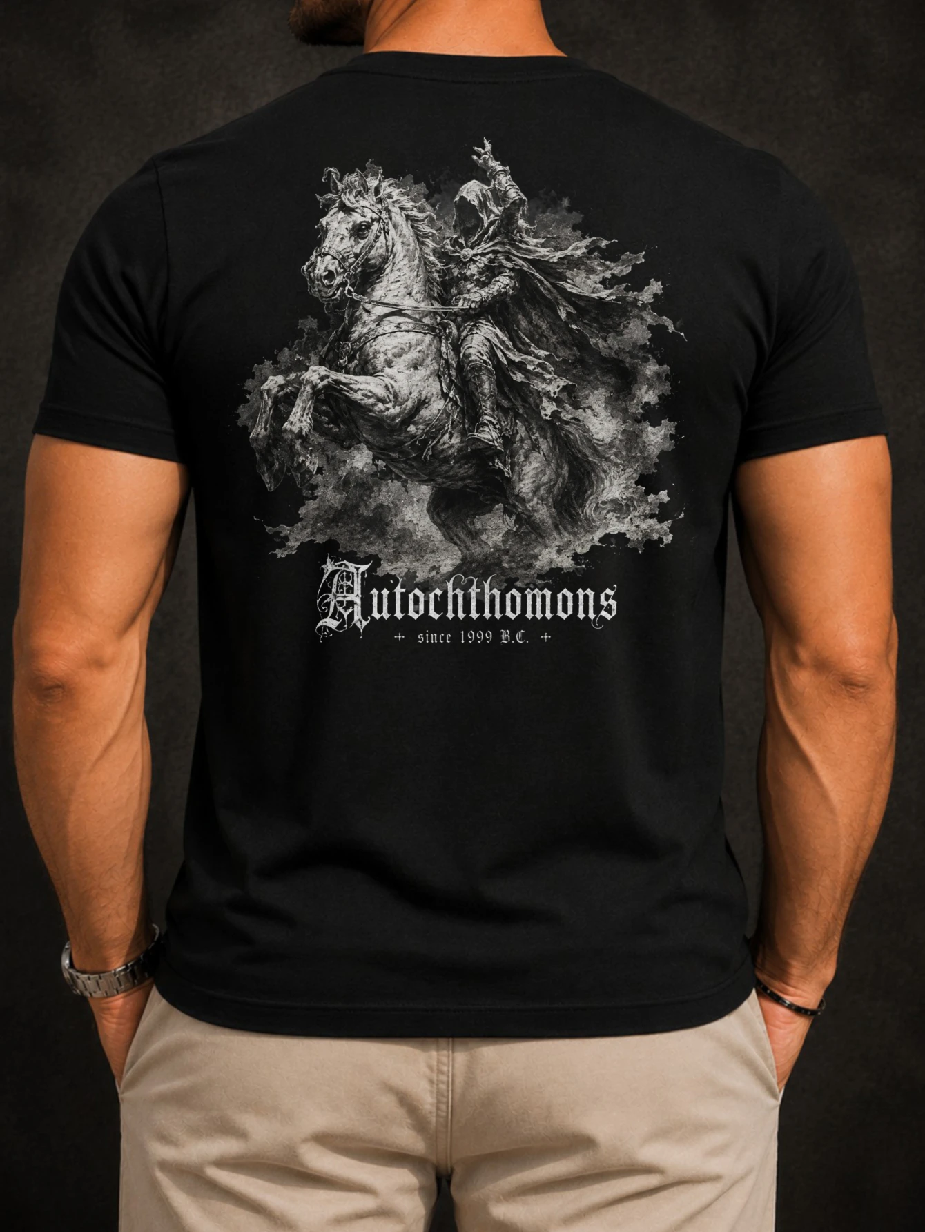 Autochthonons since 1999 BC hooded rider on rearing horse dark medieval monochrome bold graphic mes  Unisex All T-Shirt