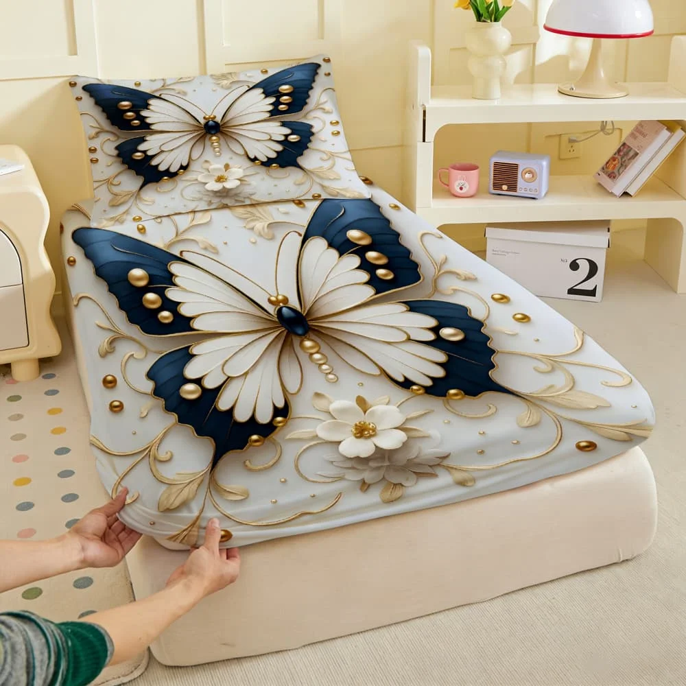 1pc Navy Blue & Gold Butterfly Print Fitted Sheet Deep Pocket Elastic Mattress Cover Single Double Queen King Bedroom Decor