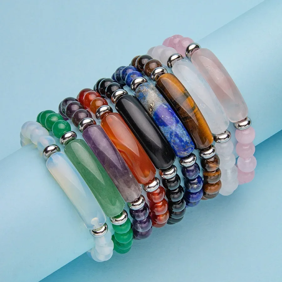 Pulsera con dije de barra rectangular de amatista y ojo de tigre de piedra Natural, cuentas curativas de Reiki para hombres y mujeres, brazaletes de Chakra, regalos de joyería para parejas