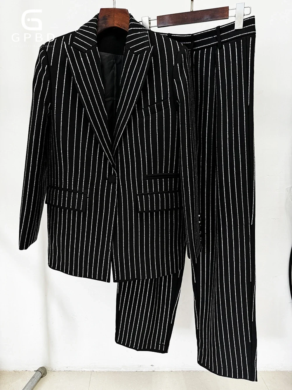 Fashion Autumn Pant Suit Women Hot Drill Striped Female Runway Work Wear Jacket Blazer and Trouser Formal 2 Piece Set