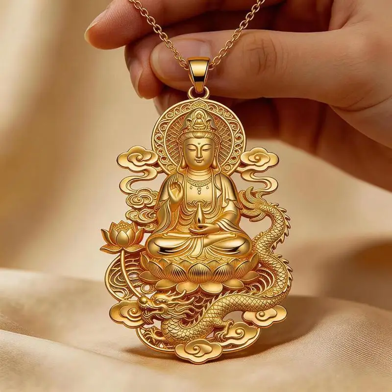 Gold Plated Guanyin Pendant Necklace With Carved Dragon And Lotus Patterns For Daily Wear And Gifting Collection