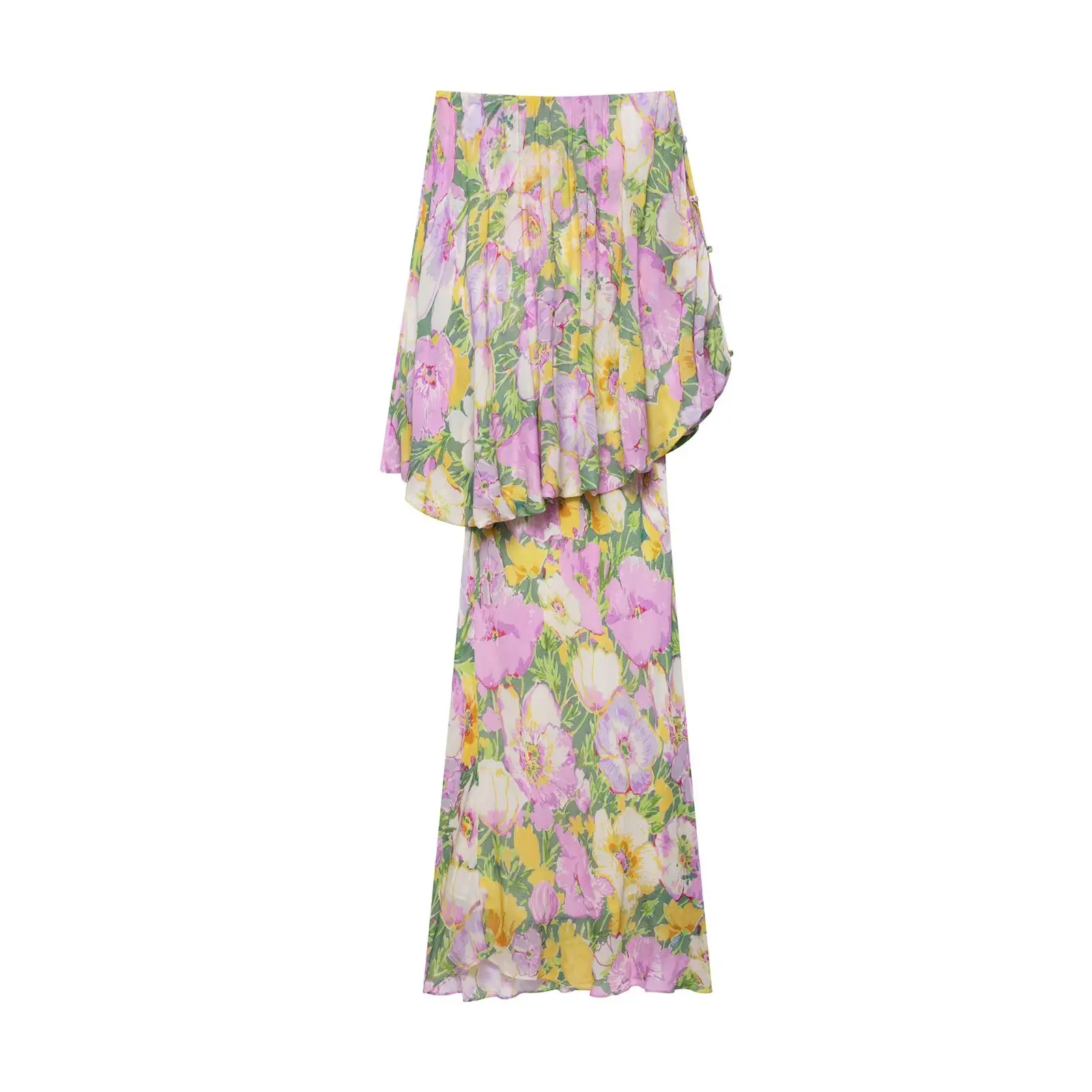 HH Damesmode Onregelmatige bloemenprint Geplooide decoratie Lange jurk Vrouwelijke zomer Elegante sexy slanke jurk met enkele rij knopen