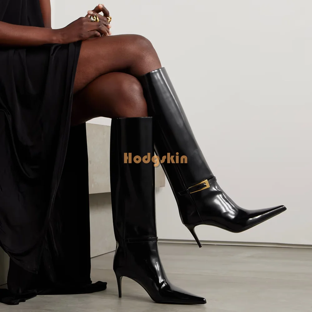 Sexy Metal Decor Knee-high Boots Solid Pointed Leather Slip-on Thin Heel Modern Boots 2025 New Fashion Women's Stilettos Shoes