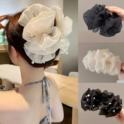 Korean New Bubble Mesh Bow Pearl Grab Clip Oversized Multilayer Ponytail Shark Clip Fashion Luxury Women Hair Accessories