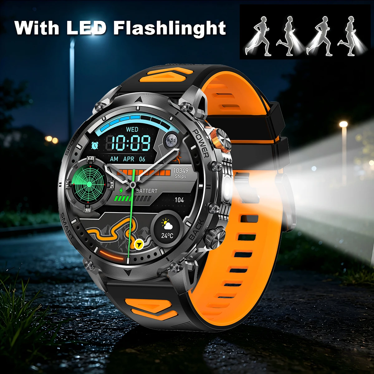 New Military Men's Outdoor Sport Smart Watch 1400mAh Battery BT Call Flashlight IP68 Waterproof 1.7' HD Large Screen Men Watch view 6