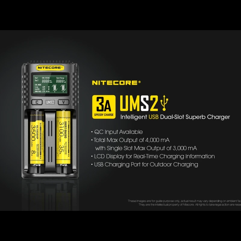 NITECORE UMS2 USB Dual-slot Intelligent Battery Charger + NITECORE 21700 Li-ion Rechargeable battery NL2150 5000mAh 3.6V 18Wh