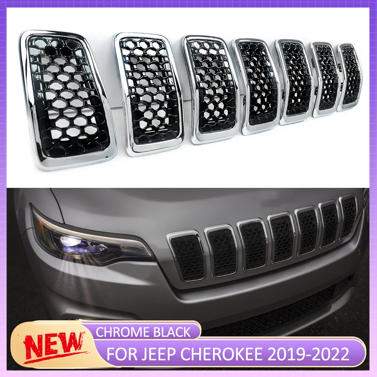 

Black+Chrome Honeycomb Mesh Front Hood Grille Inserts For Jeep Cherokee 2019 2020 2021 2022 Replace For 6AZ88DX8AB, 6AZ88XS9AB