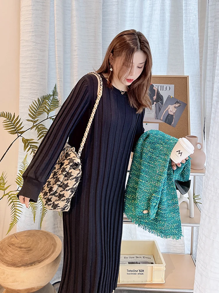 

Vogana Large Size Original Color Simple Loose Mid-Length Knitted Dr round Ne Slimming Dr Commute Sle Korean V...