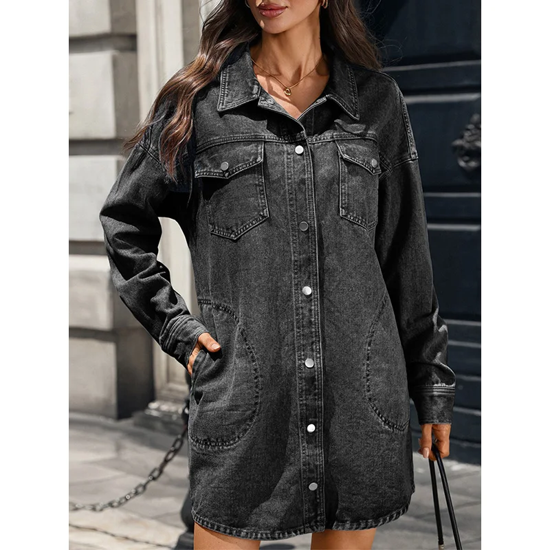 Benuynffy New Single Breasted Washed Denim Shirt Dress Women 2026 Autumn Pockets Casual Long Sleeve Loose Straight Mini Dresses - view 5