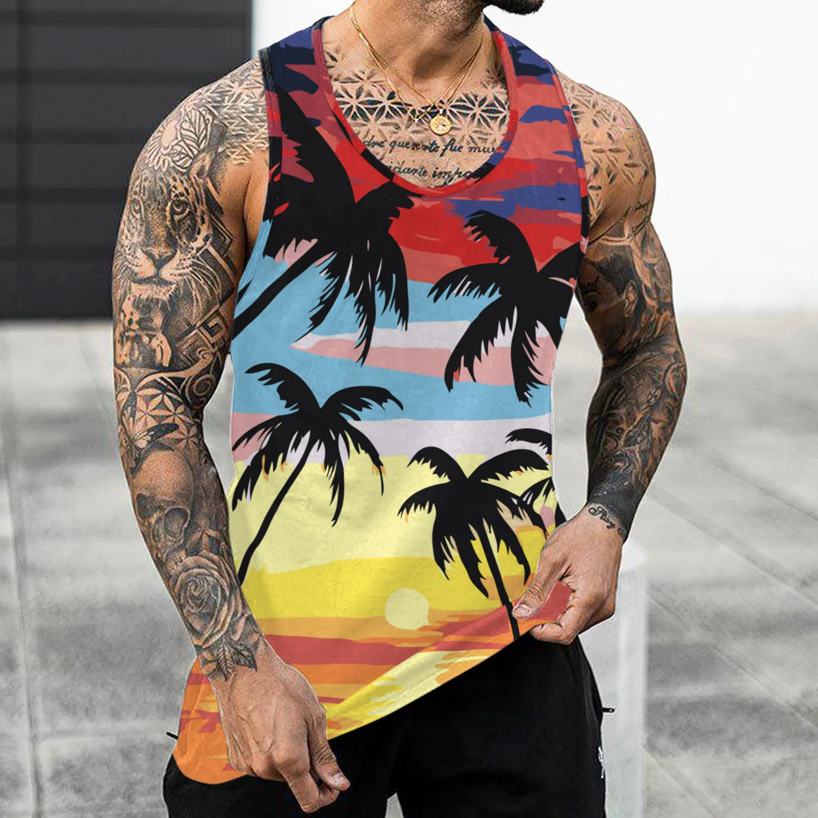 Men\'s Hawaii Palm Tree Printed Sleeveless Tee Tank Tops Summer Casual Beach Vest O Neck Shirt Men Gym Clothing Bodybuilding 2022