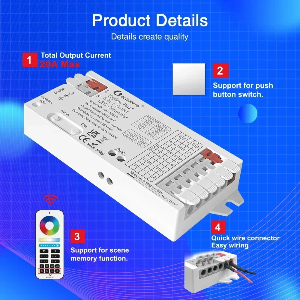 LEDOPTO ZigBee 3.0 Pro + Taśma LED 5 w 1 DC12V-24V Współpracuje z taśmą LED RGBCCT/RGBW/RGB/CCT/Dimmer