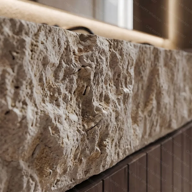 Maßgefertigtes Vintage-Travertin-Doppel-Unterbauwaschbecken, luxuriöser Naturstein-Badezimmerschrank, Villa-Wohnmöbel, hochwertig