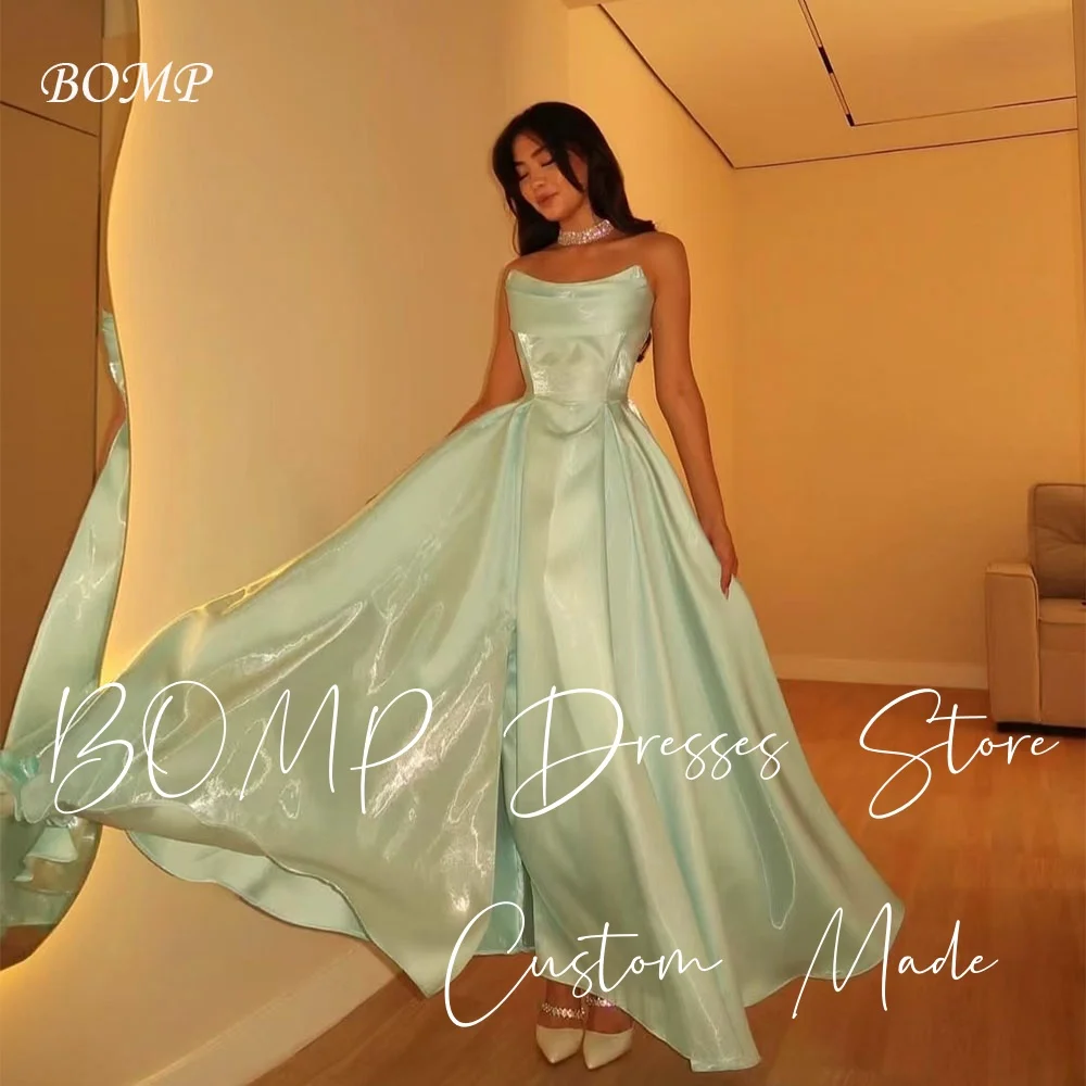 

BOMP Shiny Green Evening Dress Strapless A-Line Floor Length Side Slit Special Occasion Party Gown Customized Saudi Arabic